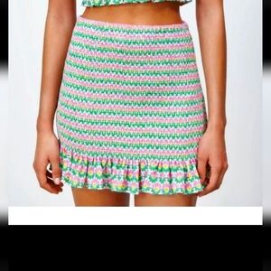 Zara Skater Mini Skirt Green and White Smocked Ruffled